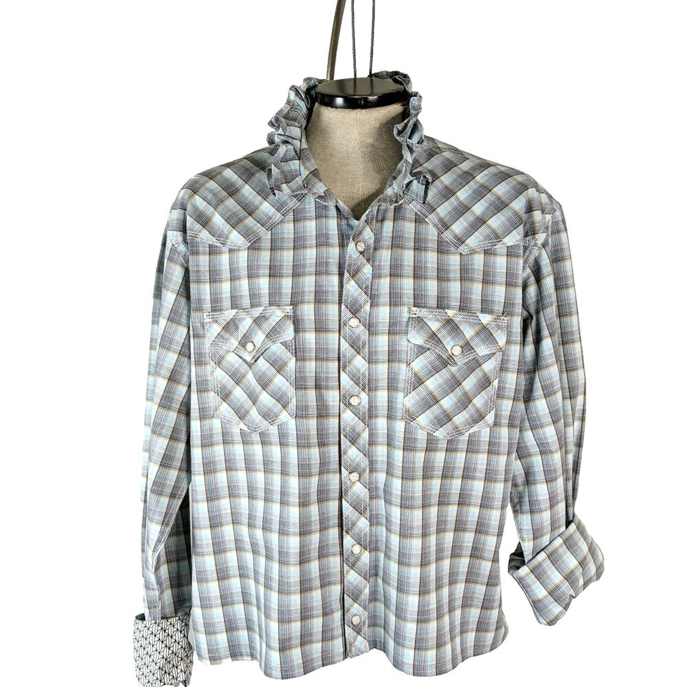 Upcycled Men Ruffle Collar Shirt Wrangler Green Plaid Women Size Large Viral